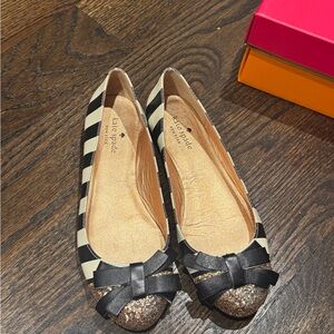 Kate Spade Black and White Striped Women's Flats Gold Glitter Toe Bow
